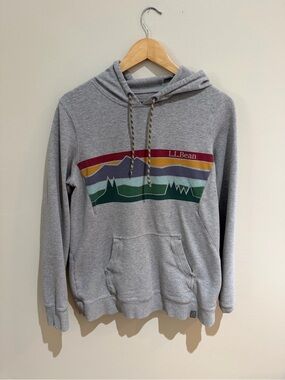 L.L. Bean Light Gray Crewneck Hoodie with Multicolor Mountain Stripe women small